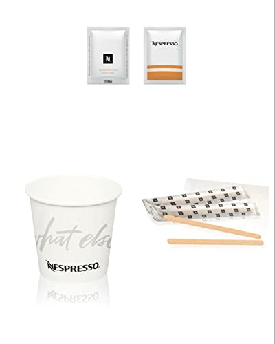 Nespresso Kit Accessori Caffè: 50 bicchierini di carta 110ml, 50 Palette in Bamboo e 50 bustine di zucchero di canna