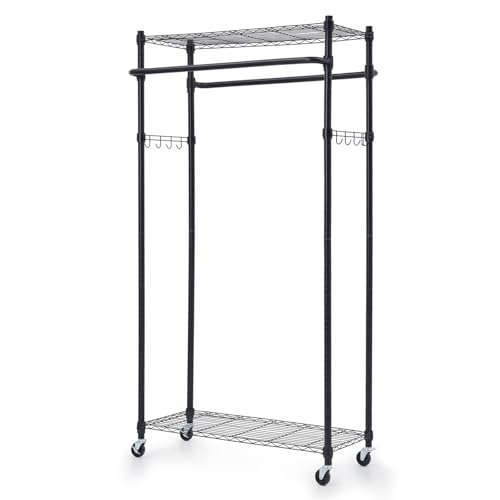 HOKEEPER Heavy Duty Double Rod Clothing Rack with Wheels, Adjustable Garment Rack with 4 Hooks and Shelves, 400lbs Capacity Portable Closet for Bedroom, Laundry Room, Cloakroom