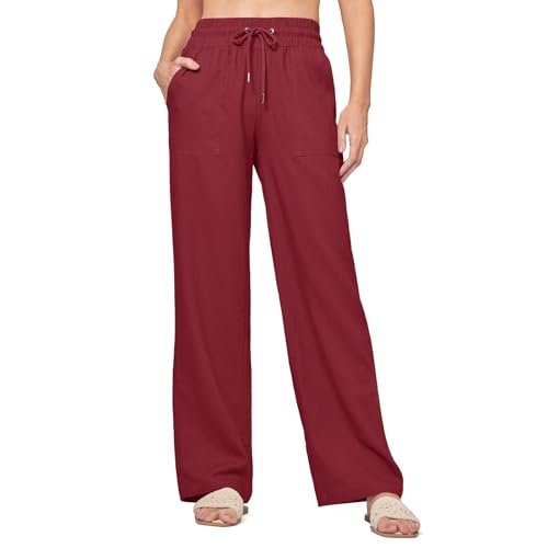 Pantalon d'été long et léger en lin femme décontracté ample couleur unie