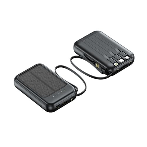 Batería externa solar 10000 mAh con cables USB C y Lightning cargador portátil negro