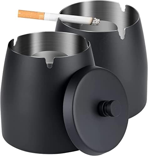 Pack of 2 Outdoor Cigarette Ashtray with Lid Smokeless Stainless Steel Ash Trays Covered Windproof Smell Proof Ashtrays for Outside Patio Home Car Odorless Office Tabletop, Large