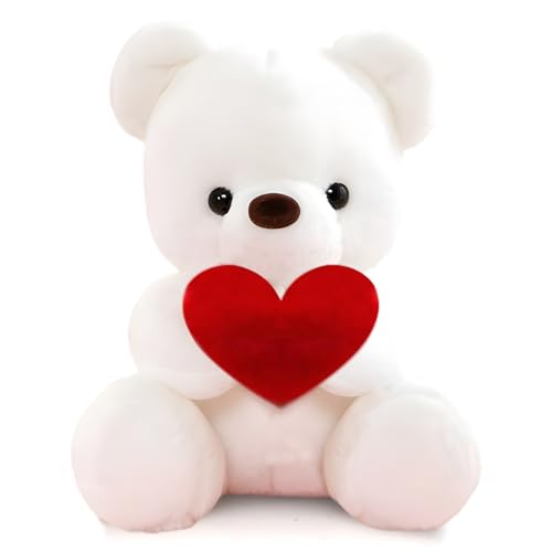 FARYODI Urso de peluche com coração, 23 cm, presente para mãe, meninos, meninas, aniversário, Natal, dia dos namorados (branco)