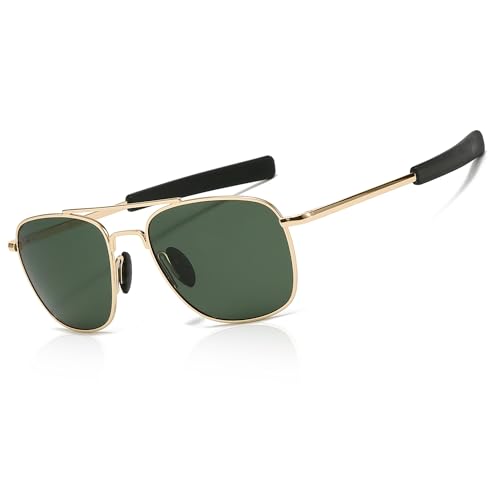 SUNGAIT Men's Military Style Polarized Pilot Aviator Sunglasses Bayonet Temples (Gold/Green (Spring Hinge))