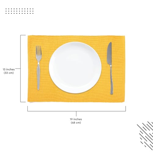 Image of Encasa XO Dining Table Mats Set of 6, Ribbed Cotton Table Mat 48x32 cm | Handmade Heat Resistance Table Placemats, Non Slip, Washable & Durable Place Mat for Centre Table, Living Room Yellow