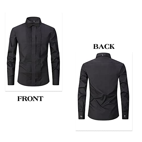 Men's Tuxedo Dress Shirt Wing Collar Front Pleat French Cuffs with 2 Bow Ties Button Down Shirts2