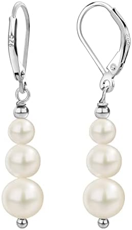 Sterling Silver Freshwater Cultured Pearl Drop Earrings Size 4-8mm Dangle Leverback Earring for Women (Rhodium plated)