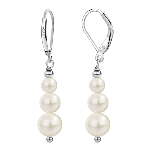 Sterling Silver Freshwater Cultured Pearl Drop Earrings Size 4-8Mm Dangle Leverback Earring For Women (Rhodium Plated) #TOP3