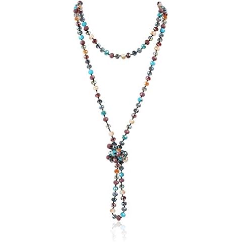 RIAH FASHION Hand Knotted Beads Endless Long Statement Necklace - Handmade Versatile Beaded Multi Layer Infinity Wrap 60" Sparkly Faceted Crystal Rondelle (Turquoise/Purple Multi Mix) Cover