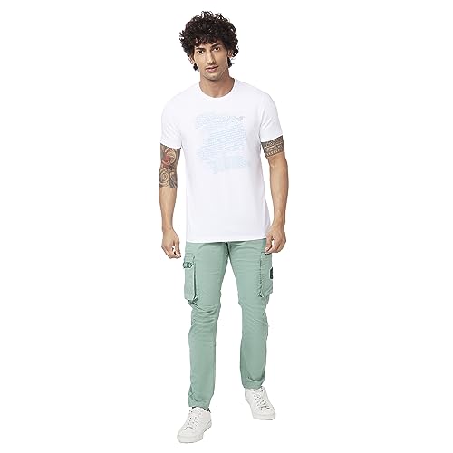Image of Spykar Men Olive Green Cotton Slim Fit Ankle Length Mid Rise Trousers