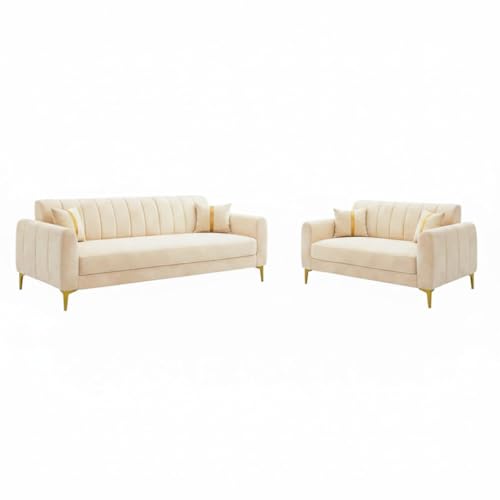 Image of Hermione Luxe Velvet-Suede Fabric 3 Seater + 2 Seater Sofa Set | Golden Legs | Comfortable & Spacious Seating | Modern Sofa Set for Living Room - Cream