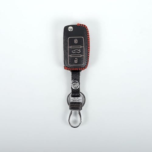 Image of Leather Smart Car Key Cover Case with Metal Hook Keychain for Skoda Octavia<2014, Rapid, Yeti, Superb, Laura, Fabia, Volkswagen Jetta, Vento, Polo, Ameo (Black)