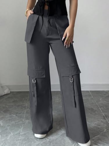 Image of Leriya Fashion Cargo Pants for Woman | Cargo Pants for Women Cotton Wide Leg Utility Fit Flap Pockets | Trousers Fors Women, Relaxed Fit Baggy Pant Airport Outfit for Womens Streetwear Attire