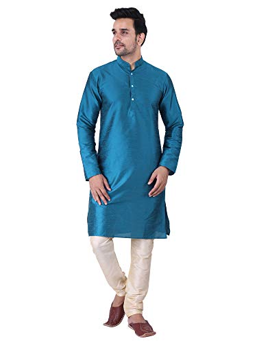 Image of Sadree Men's Silk Blend Mandrin Collor Full Sleeve Knee Length Indian Kurta Chudidar Pyjama Set