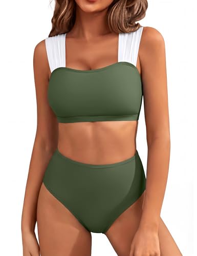 Image of Blooming Jelly Women High Waisted Bikini Sets Color Block Tummy Control Swimsuits Retro Square Neck Sporty Bathing Suit