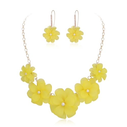 Flyonce Yellow Flower Statement Necklace Boho Summer Holiday Beach Jewelry Floral Flowers Collar Necklaces with Earrings for Women Gold-Tone