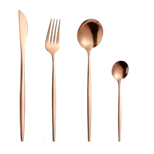 Image of 4 pcs Flatware Set, Rose Gold Silverware Set for 1, Knife Fork Spoon, Stainless Steel Home Dinnerware Tableware,Mixed Cutlery Set Eating Utensils for Restaurants (4 Pcs Rose Gold)