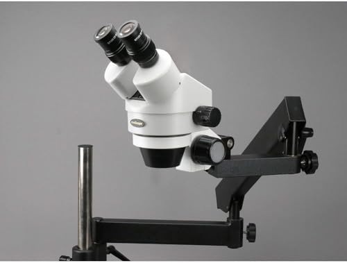 Image of AmScope SM-7B-FRL Professional Binocular Stereo Zoom Microscope, WH10x Eyepieces, 7X-45X Magnification, 0.7X-4.5X Zoom Objective, 8W Fluorescent Ring Light, Articulating-Arm Boom Stand, 110V-120V
