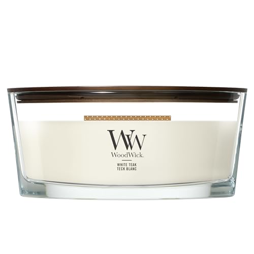 WoodWick Ellipse Candela Profumata | Teak Bianco | con Stoppino Scoppiettante | Durata della Combustione: Fino a 50 Ore