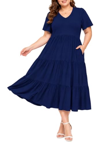 Image of Women's Plus Size Summer Dresses Floral Casual Tiered Midi Dresses V-Neck Short Sleeve Long Maxi Dress with Pockets