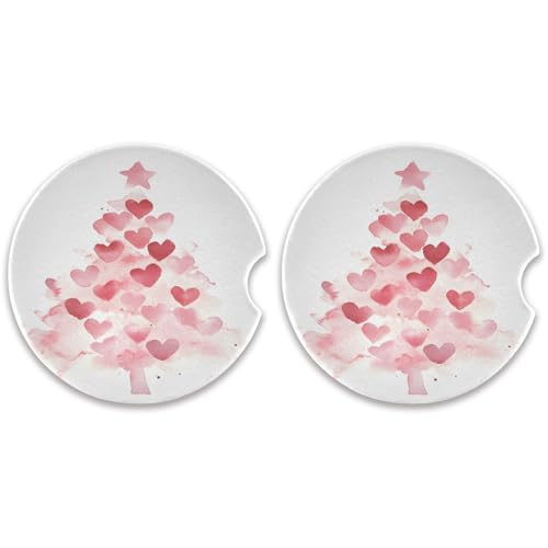SKYSHU Juego de 2 posavasos redondos de árbol de corazón de Navidad para bebidas, soporte de taza de cerámica absorbente con base de corcho y agarre para la punta de los dedos para una fácil limpieza