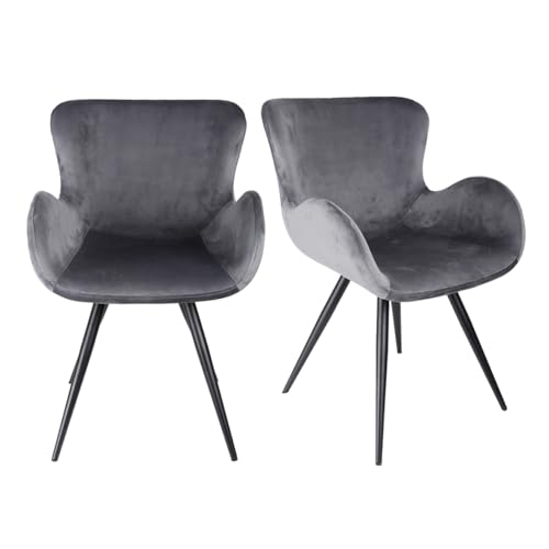 Meubletmoi Lot de 2 chaises Fauteuil Coque en Tissu Velours Gris Anthracite avec Dossier accoudoirs et Pieds métal Finition Peinture Noire – Style...
