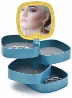 علبة مجوهرات LD-688 من 4 أدوار، صندوق تخزين مجوهرات دوار 360 درجة، قاعدة تخزين مجوهرات مقاومة للغبار بمرآة، صندوق تخزين للسفر للسلاسل والأساور والخواتم والحلقان لون أزرق