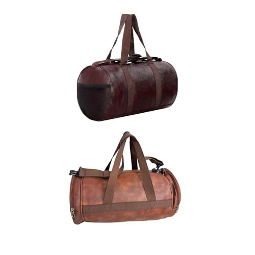 Image of Treggo Set of 2 Brown Leather Duffel Bags: Large Cylindrical Travel & Gym Bag Combo - Durable Weekender Overnight Carry-on Set with Shoulder Straps