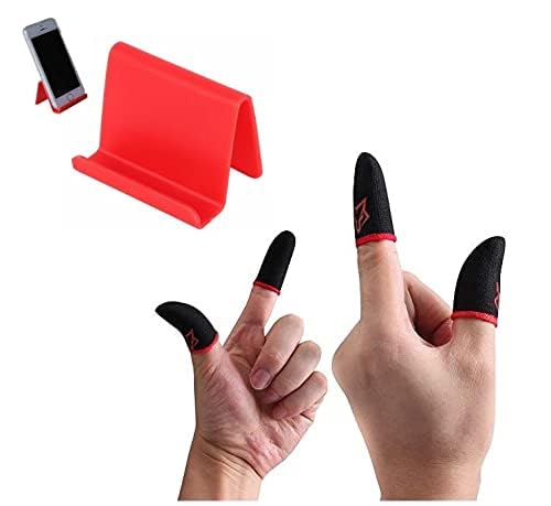 Image of PROXN Combo of Finger Sleeves for Gaming -Thumb Sleeves for All Mobile | for Fast Gaming | Finger Gloves for Winter and Game (4 PCS) with Mobile Holder Pyramid Stand (Sleeve+RED STYEND)