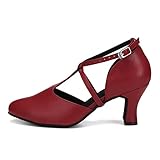 TINRYMX Women Ballroom Dance Shoes Closed Toe T-Strap Character Modern Latin Salsa Tango Waltz Performance Dancing Shoes, QJW-L272-Red-7,US 7.5