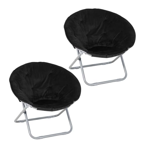 PayLessHere Set of 2 Moon Chairs Foldable Saucer Chair Soft Fuzzy Seating Faux-Fur Round Circle Chair for Bedrooms, Apartments, Dorms, and Casual Home Seating, Black