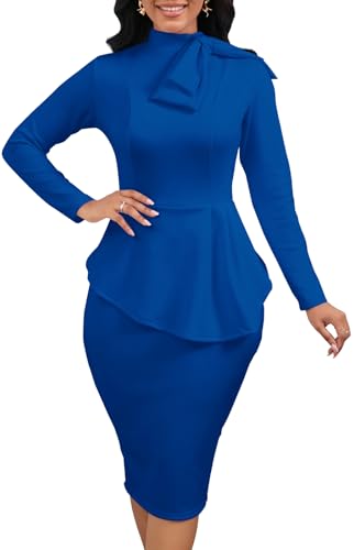 Image of WanMem Women Formal Bodycon Peplum Cocktail Dress Short Sleeve Bow Ruffle Pencil Party Midi Dresses