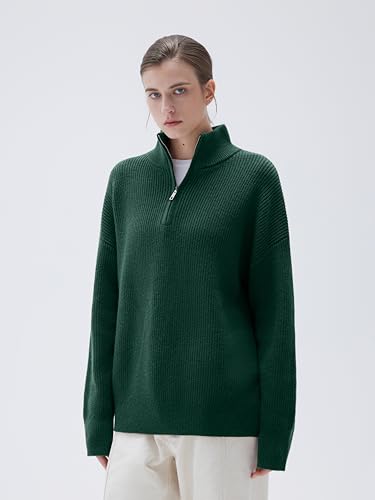 Image of SUUKSESS Women Cashmere Blend Oversized Quarter Zip Pullover Sweater Long Sleeve Collared Ribbed Knit Jumper Tops