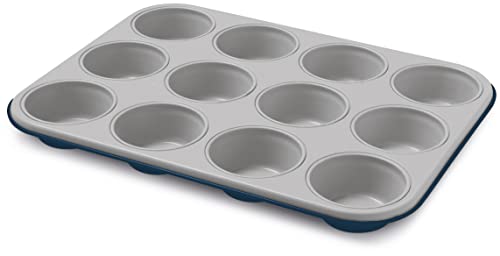 Guardini, Stampo 12 muffins 27x35 cm, Acciaio prodotto con ridotte emissioni di CO2 con nuovo rivestimento PFAS free, Grigio/Blu, Made in Italy, Linea XBake