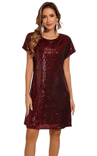 Image of Women's Crewneck Sequin Shift Dress Short Sleeve Casual Holiday Sparkly Party Dress