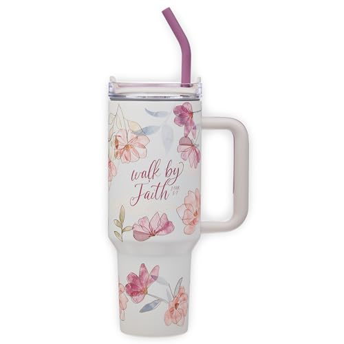 Image of Christian Art Gifts 40 oz Tumbler for Women: 2 Corinthians 5:7 Bible Verse, Stainless Steel, Insulated Travel Mug with Lid, Reusable Straw & Flex Tip, White & Pink Floral, Encouraging Gift for Women