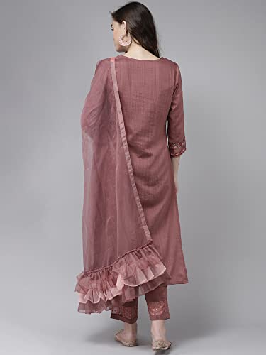 Image of INDO ERA Women's Poly Chiffon Embroidered Straight Kurta With Pant & Dupatta Set (RRRRR8075)