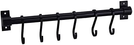 Gourmet Kitchen Utensil Rack with 6 Hooks, Wall Mounted Rail Wrought Iron Hanging Utensil Holder Rack with Removable S Hooks 16 Inch (Black-6 Hooks)
