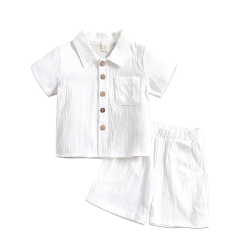 Toddler Boys Girls 2Pcs Linen Clothes Set Button Down Short Sleeve Polo Shirt+Elastic Gauze Shorts Summer Outfit (White 2-3Years)