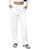 MOYEE Womens Fleece Cargo Sweatpants Casual Baggy High Waisted Joggers Pants with 4 Pockets White