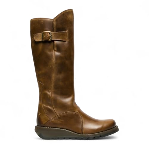 Fly Womens Camel MOL 2 Leather Wedge Heel Knee High Zip Up Boots