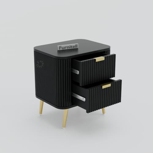 Image of Premium HDMR Wood Bedside Table with 1 Drawer & Open Storage Shelf, Fluted Nightstand with Golden Legs for Bedroom, Modern End Table, for Living Room | Black Finish, Set of 2