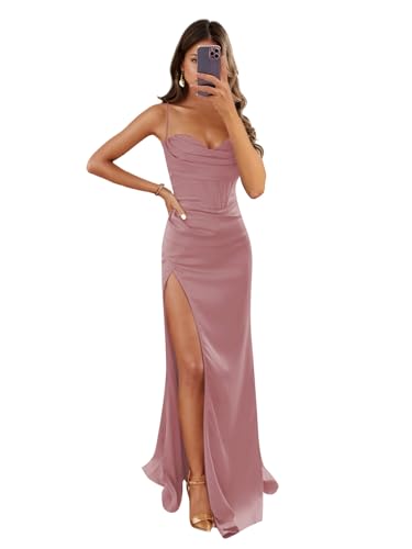 Image of Women's Mermaid Prom Dress with Slit Satin Bridesmaid Dresses Long Corset Evening Formal Party Gown