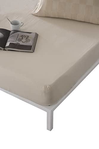 Naturals - Sabana Bajera Cama 150 - Jersey 100% Algodon Totalmente Ajustable para colchones de hasta 33 centimetros de Altura - Bajera 150x190/200 - Elba Beige