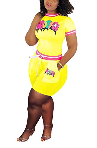 Bluewolfsea Womens 2 Piece Bodycon Outfits Jumpsuit Letter Printed Sequin Striped Tops and Shorts Set Tracksuit Medium Yellow
