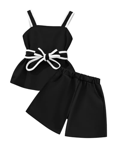 Image of Cakaner Tween Girls 2 Piece Outfit Set Summer Tank Top and Elastic Waist Shorts with Belt Size 7-14