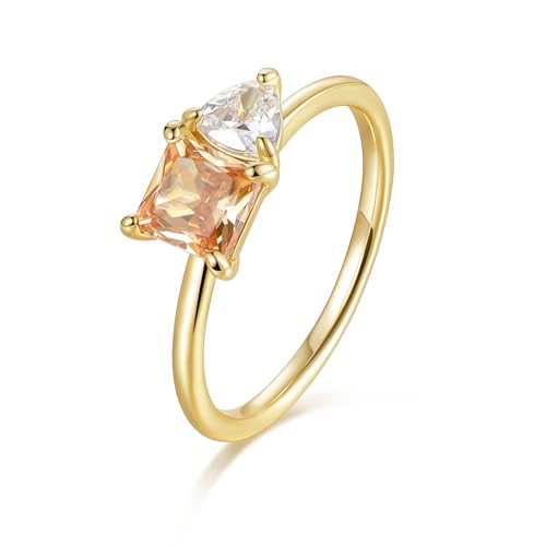 14K Gold Plated Engagement Rings for Women Princess Cut Created Yellow Citrine Trillion Cut Cubic Zirconia Double Stone Wedding Band Promise Rings for Her Size 5-10