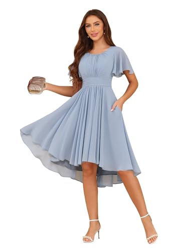 Image of YOFF Dusty Blue Scoop Neck Short Bridesmaid Dresses for Women Flutter Sleevs Midi Coaktail Gown Chiffon Casual Formal Party Dresses A-line US6