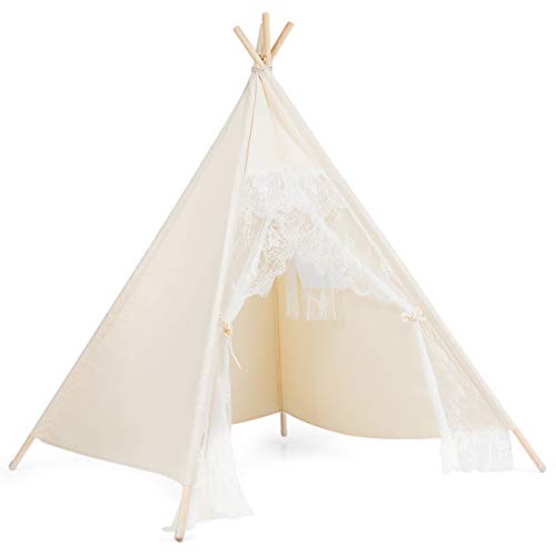 GYMAX Teepee Tent for Kids, Foldable Play Tent with Carry Bag, Outdoor Indoor Cotton Canvas Teepee for Girls Boys Gift