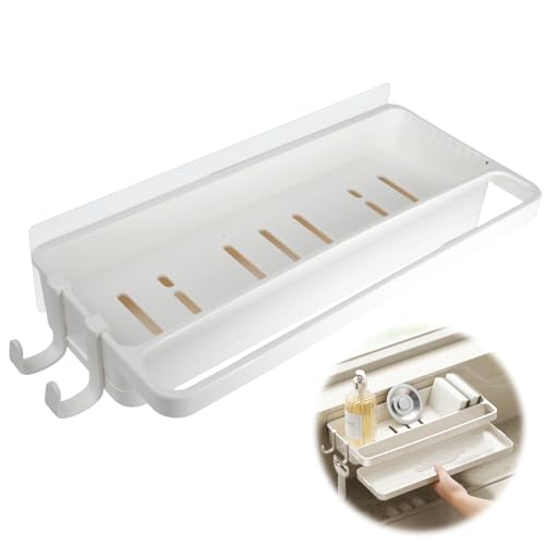 leruiyezs Soporte Estropajo Fregadero,Organizador con Bandeja Extraíble y 2 Ganchos,Instalación Sin Taladrar,Ahorro Espacio,Porta Estropajos Fregadero,Toallero para Cocina Baño,Blanco