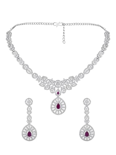 Image of ASMITTA Jewellery American Diamond Necklace Set Rhodium Plated Choker Necklace with Earrings for Weddings, Parties & Festivals